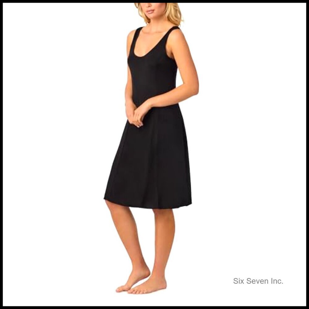 Silky Stretch Slip Dress Elegant Minimal Chic Anti Cling A-Line Scoop Neck - Picture 2 of 3